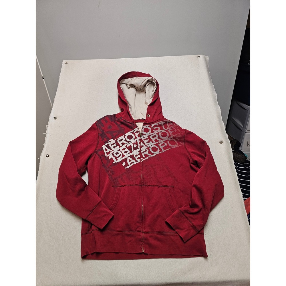 Aeropostale Mens Full Zip Hoodie Red Graphic Sweatshirt Size L 1987 Logo